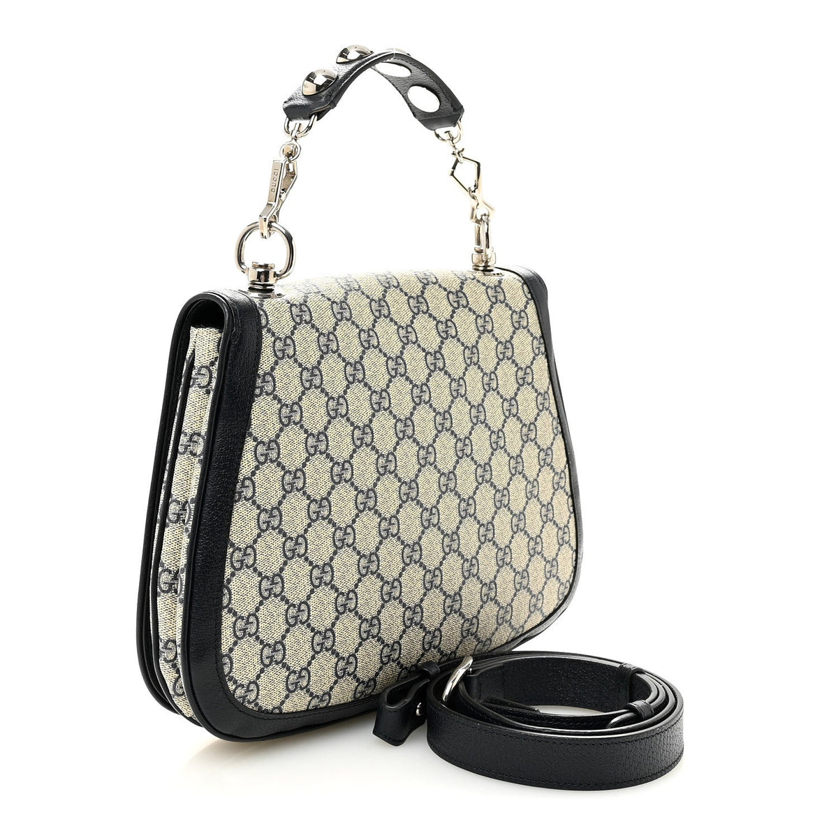GG Supreme Monogram Textured Dollar Calfskin Web Medium Blondie Top Handle Shoulder Flap Bag Beige Blue