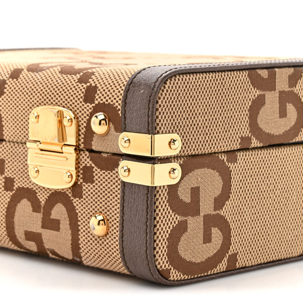 Monogram Jumbo GG Textured Dollar Calfskin Top Handle Beauty Case Camel Ebony New Acero