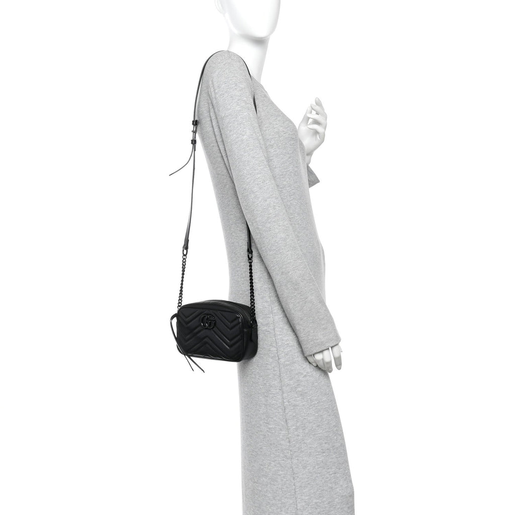 Calfskin Matelasse Monochrome Mini GG Marmont Chain Shoulder Bag Black