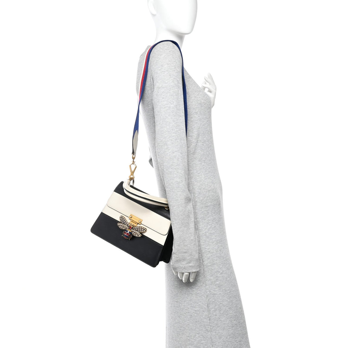 Calfskin Sylvie Web Small Queen Margaret Top Handle Bag Black White
