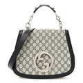 GG Supreme Monogram Textured Dollar Calfskin Web Medium Blondie Top Handle Shoulder Flap Bag Beige Blue