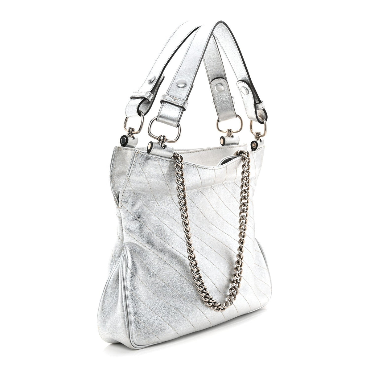 Sakai Be Green Calfskin Diagonal Stitched Small Blondie Tote Silver