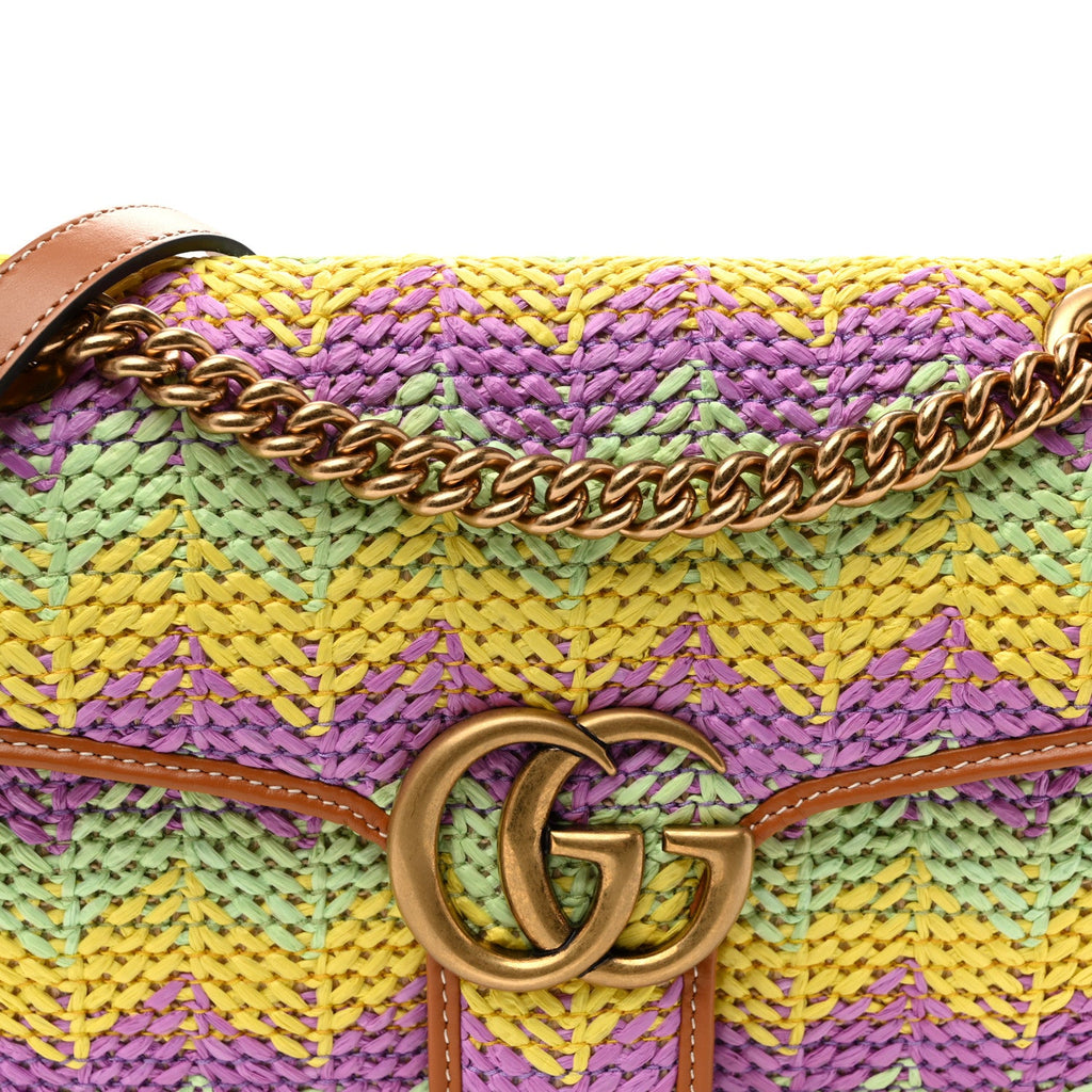 Calfskin Raffia Woven Small GG Marmont Shoulder Bag Multicolor