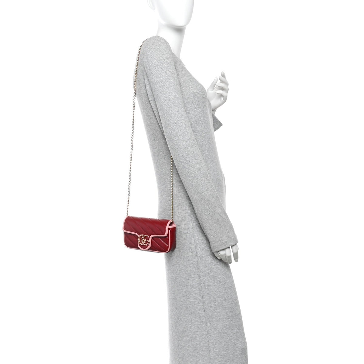 Azalea Calfskin Enamel Matelasse Diagonal Super Mini Torchon GG Marmont Shoulder Bag New Cherry Red Wild Rose