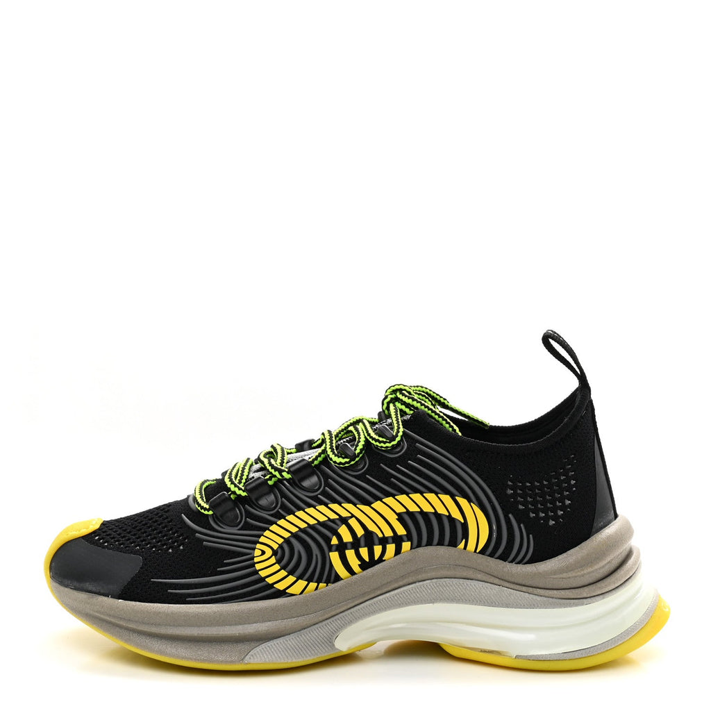 Technical Knit Fabric Waves Womens Gucci Run Sneakers 35.5 Black Silver Giallo Neon Yellow