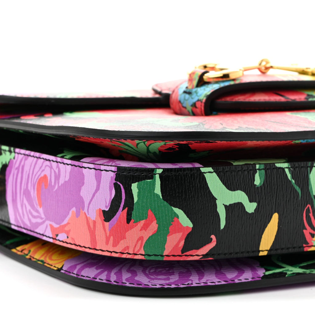 X KEN SCOTT New Shangai Calfskin Jenny Floral Print Horsebit 1955 Shoulder Bag Black Pink