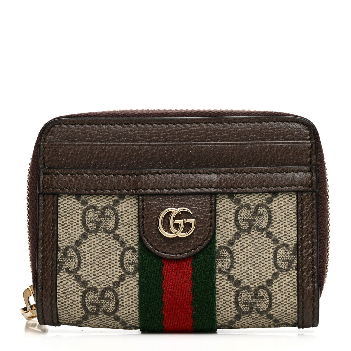 GG Supreme Monogram Textured Dollar Calfskin Web Ophidia Zip Around Card Case Wallet Beige Ebony New Acero