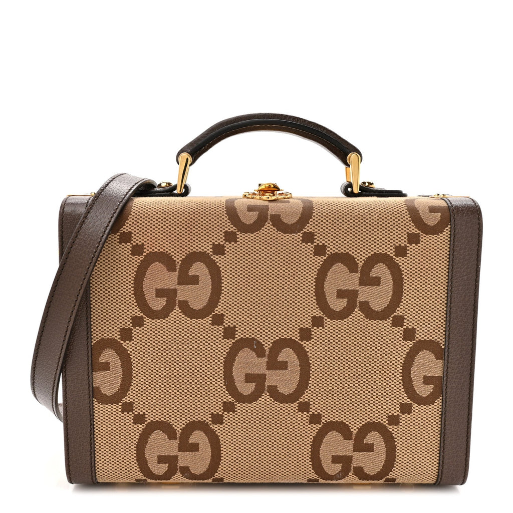 Monogram Jumbo GG Textured Dollar Calfskin Top Handle Beauty Case Camel Ebony New Acero
