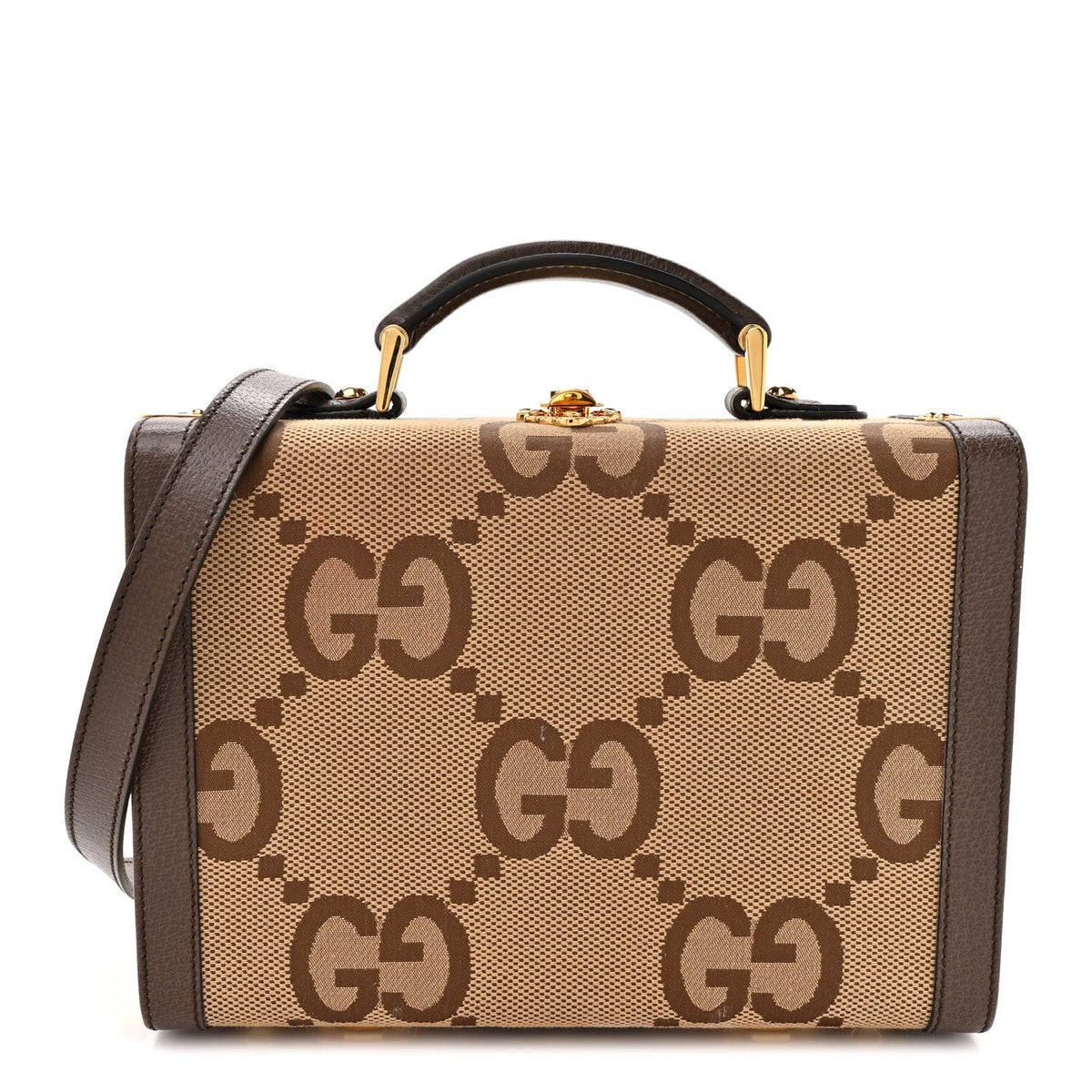 Monogram Jumbo GG Textured Dollar Calfskin Top Handle Beauty Case Camel Ebony New Acero