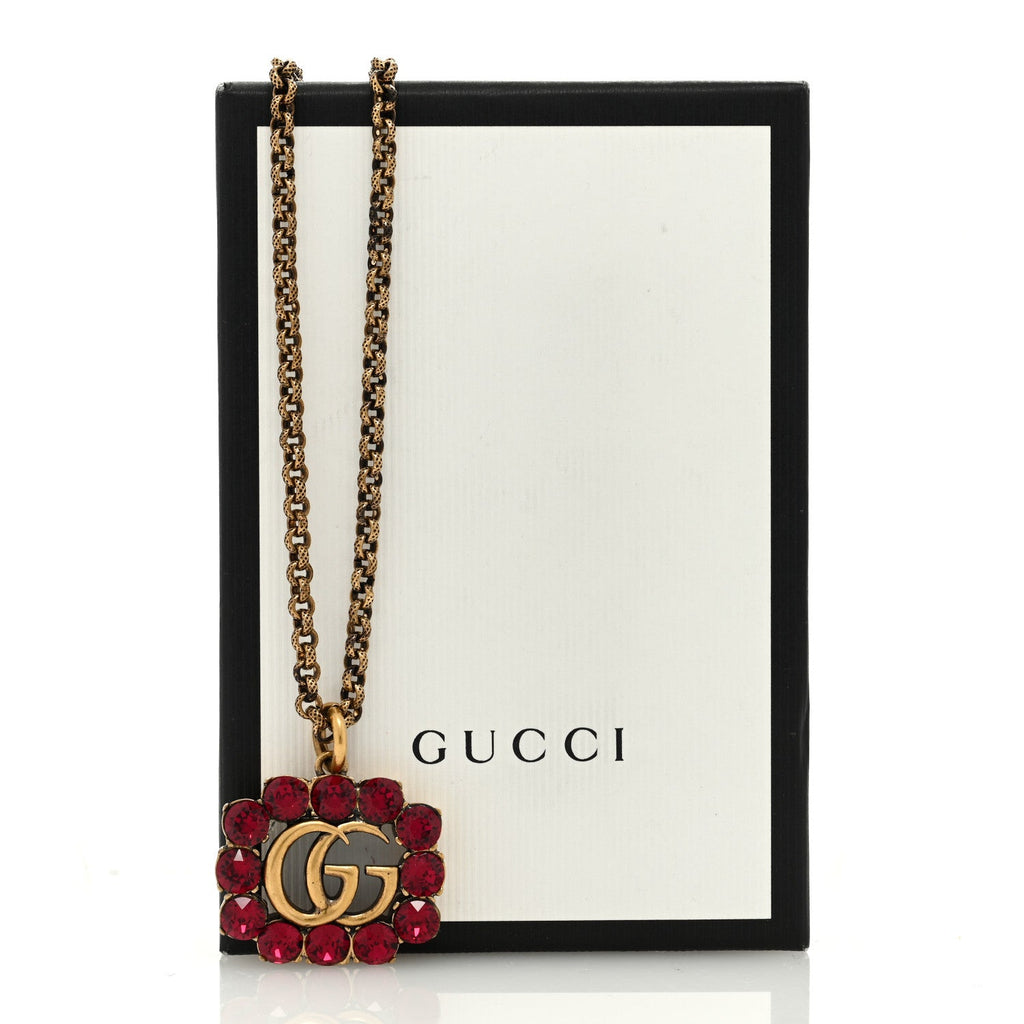 Crystal Embellished Double G Necklace Aged Gold Red