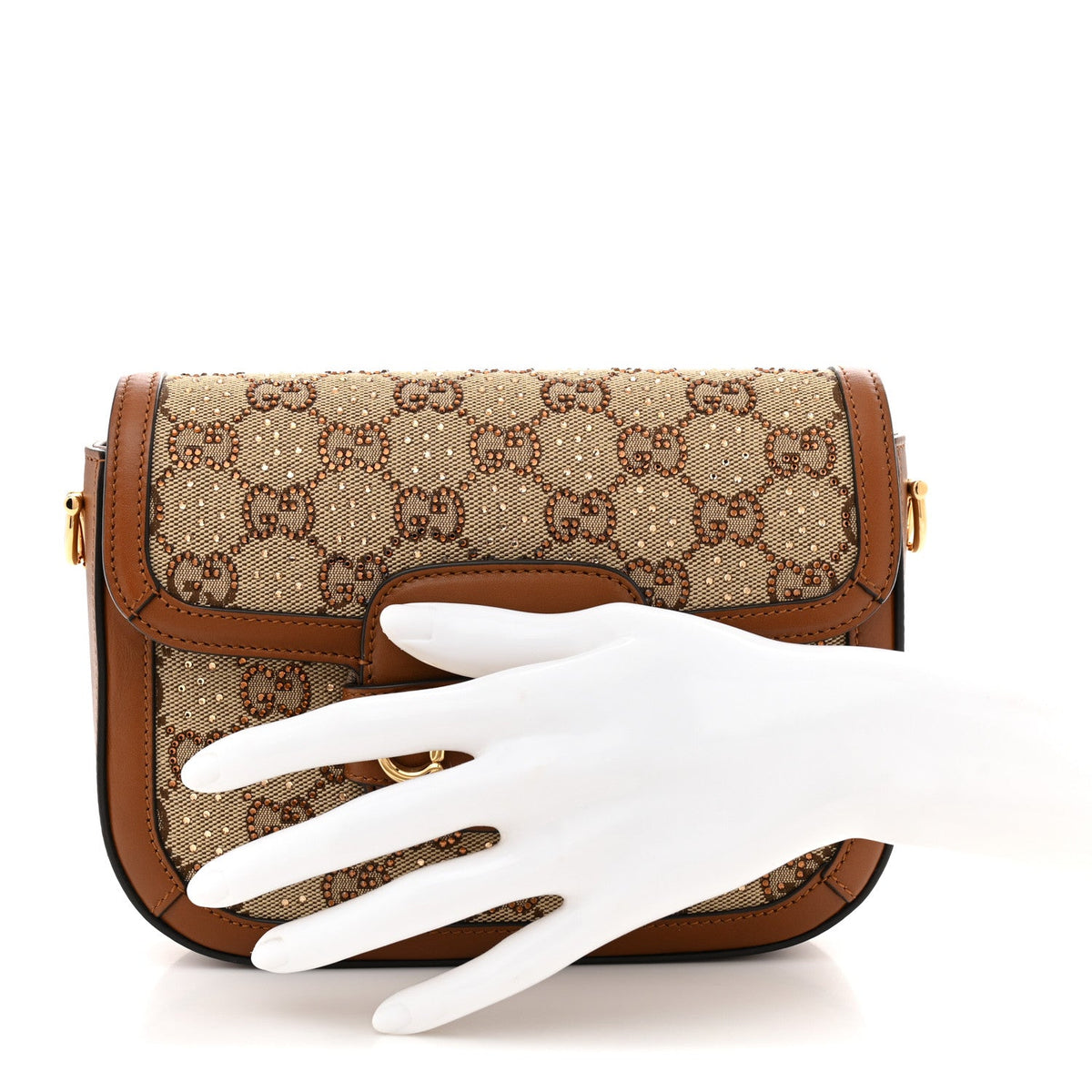 New Canvas Charisma Calfskin Crystal GG Monogram Mini Horsebit 1955 Shoulder Bag Camel Ebony