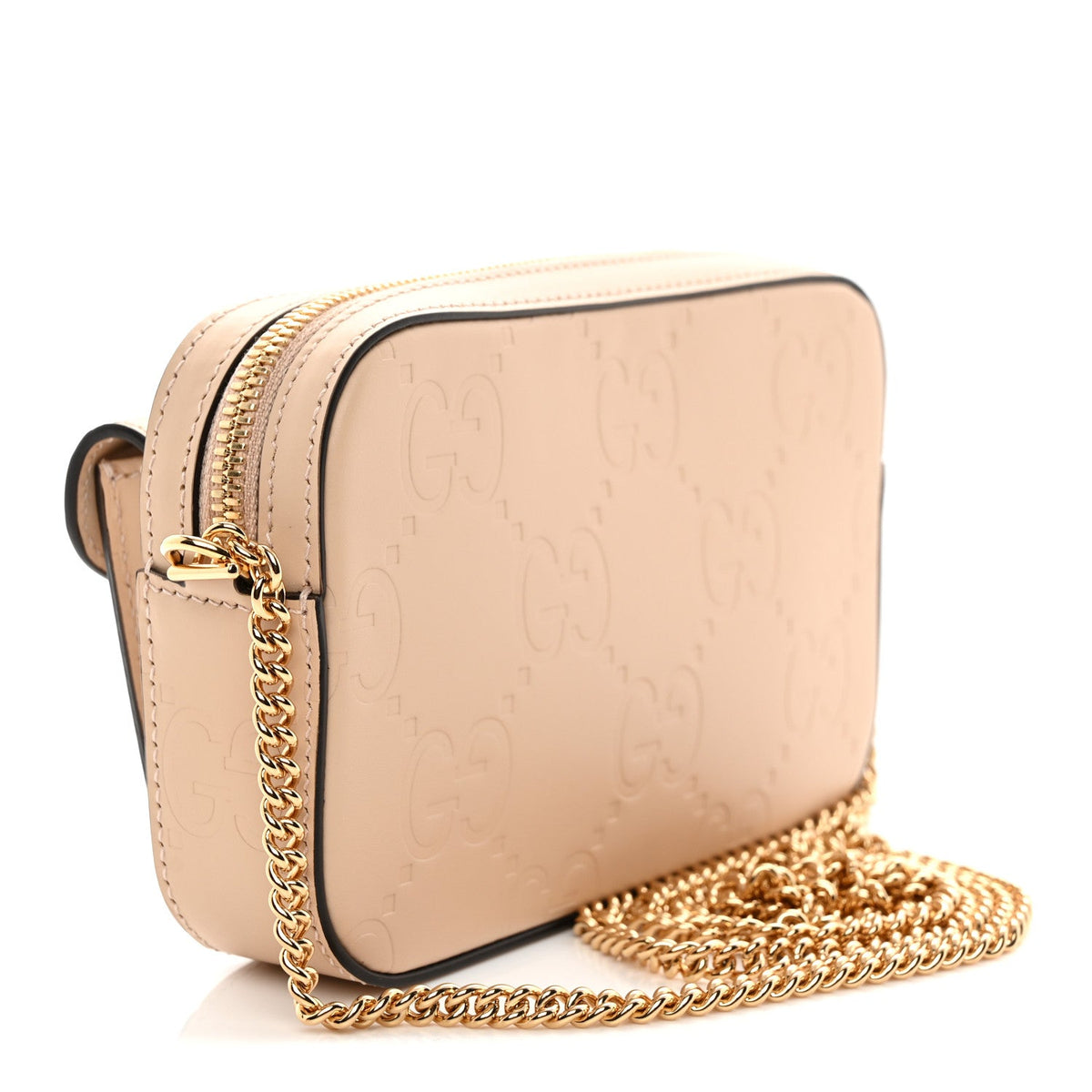 Calfskin GG Super Mini Debossed Chain Wallet Light Beige