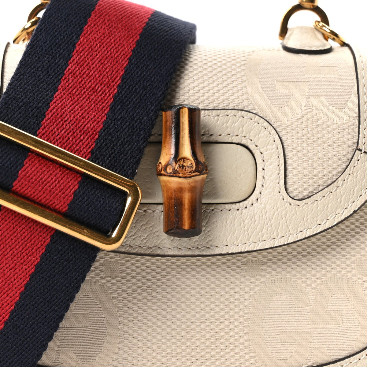 Monogram Jumbo GG Textured Dollar Calfskin Web Mini Bamboo 1947 Top Handle Bag Off White
