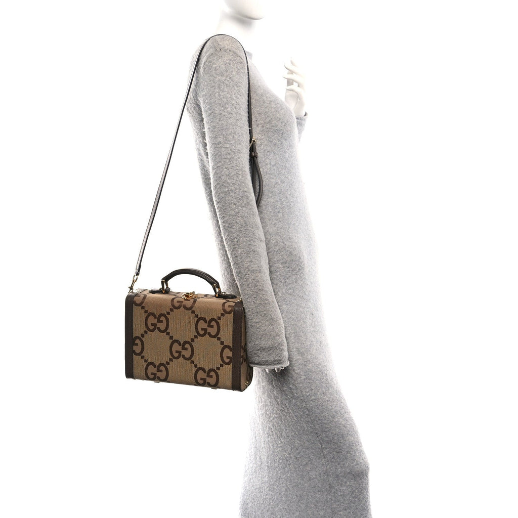Monogram Jumbo GG Textured Dollar Calfskin Top Handle Beauty Case Camel Ebony New Acero