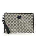 GG Supreme Monogram Textured Dollar Calfskin Retro Interlocking G Wristlet Pouch Beige Blue