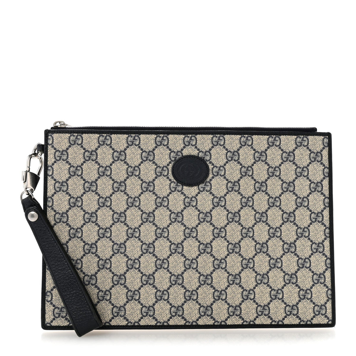 GG Supreme Monogram Textured Dollar Calfskin Retro Interlocking G Wristlet Pouch Beige Blue