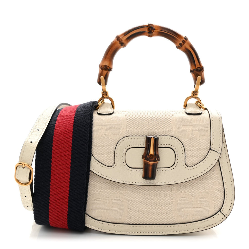 Monogram Jumbo GG Textured Dollar Calfskin Web Mini Bamboo 1947 Top Handle Bag Off White