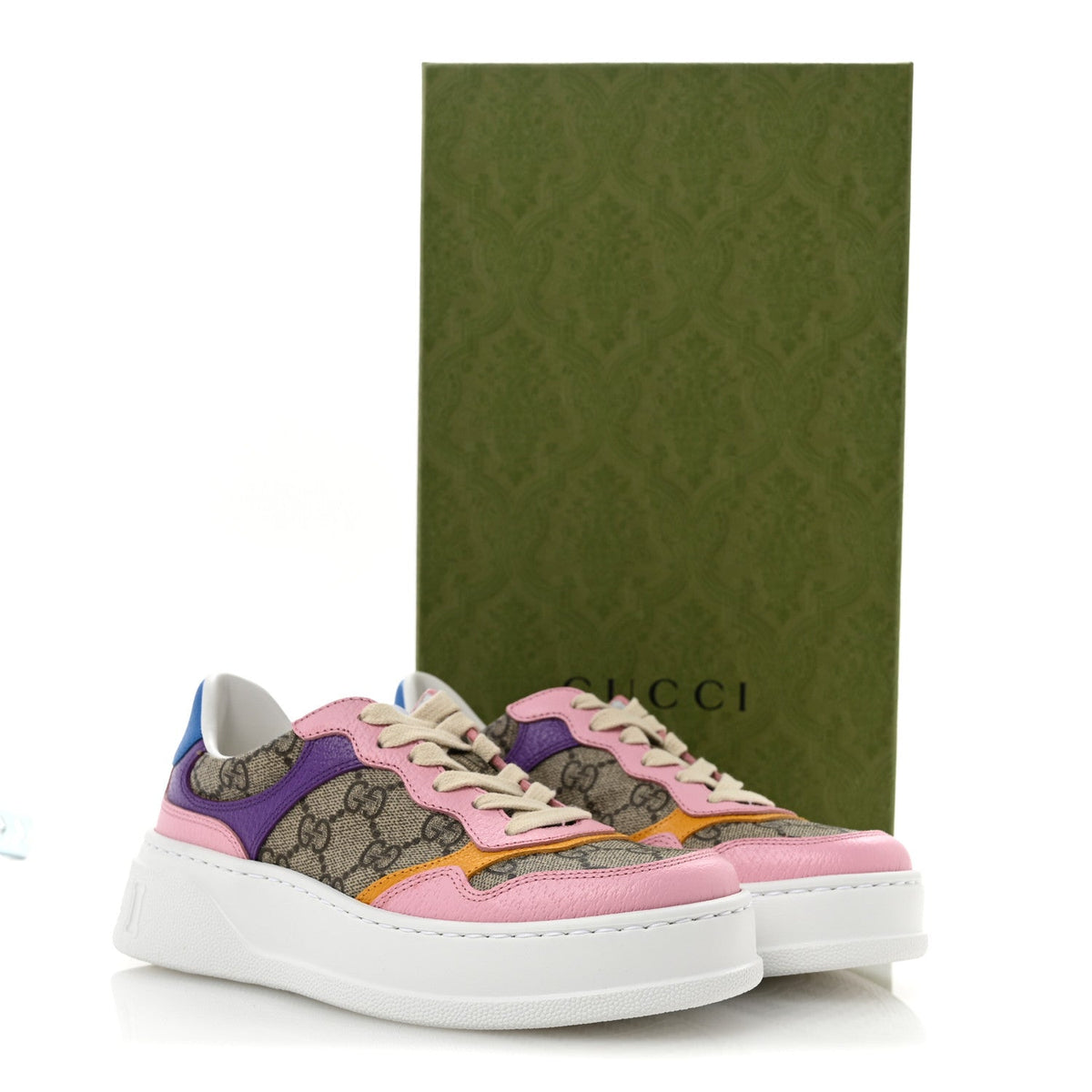 Calfskin GG Supreme Monogram Perforated Womens Platform 55mm Sneakers 35 Beige Ebony Sugar Pink Crop Shine Purple