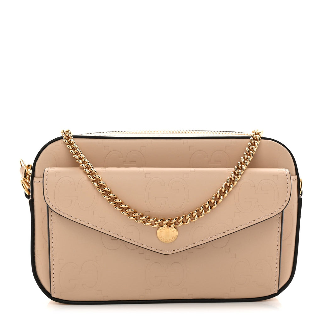 Calfskin GG Super Mini Debossed Chain Wallet Light Beige