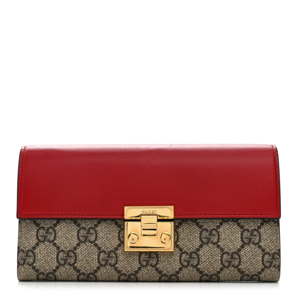 GG Supreme Monogram Moon Calfskin Padlock Continental Chain Wallet Beige Ebony Hibiscus Red New Rosette