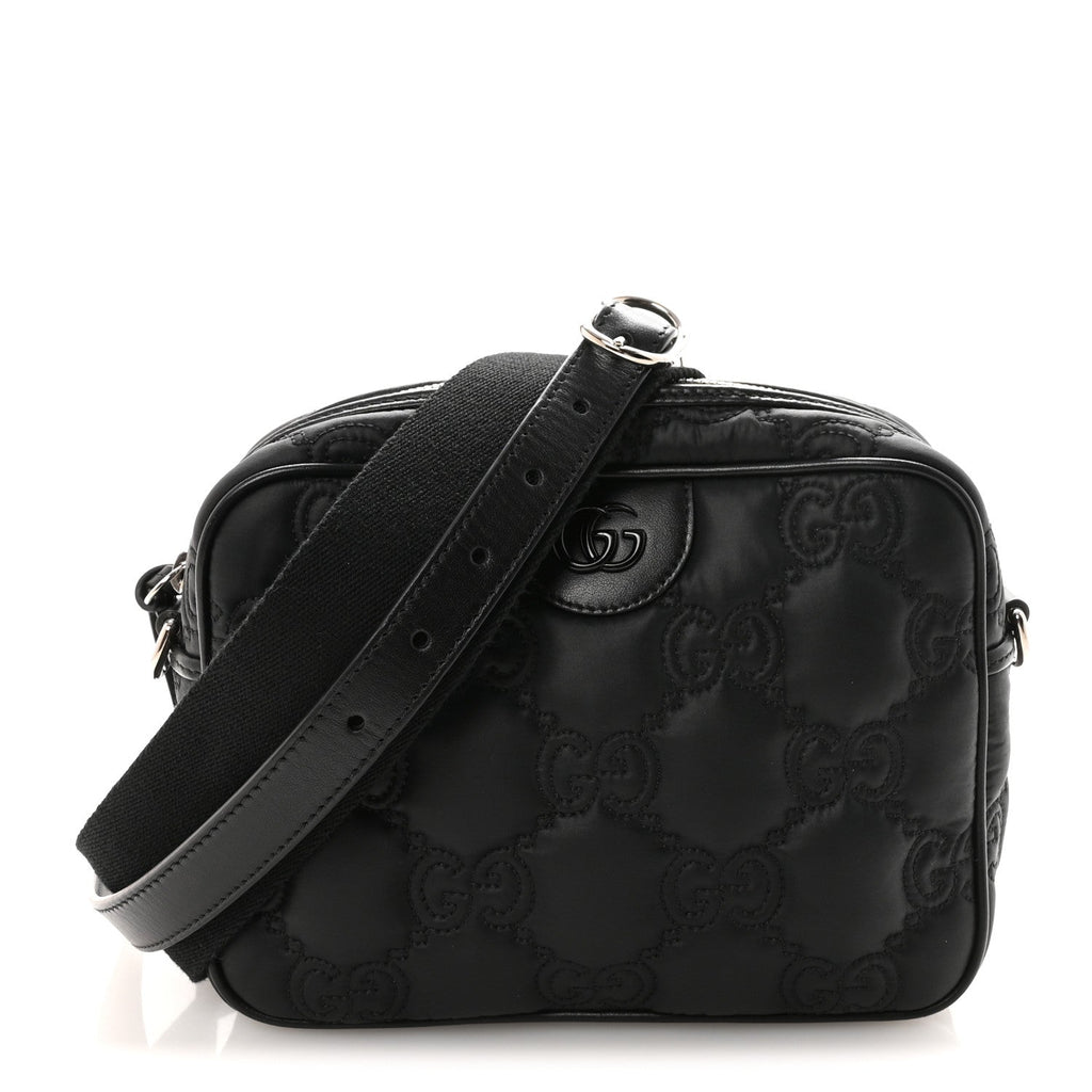 Nylon Calfskin Enamel GG Matelasse Shoulder Bag Black