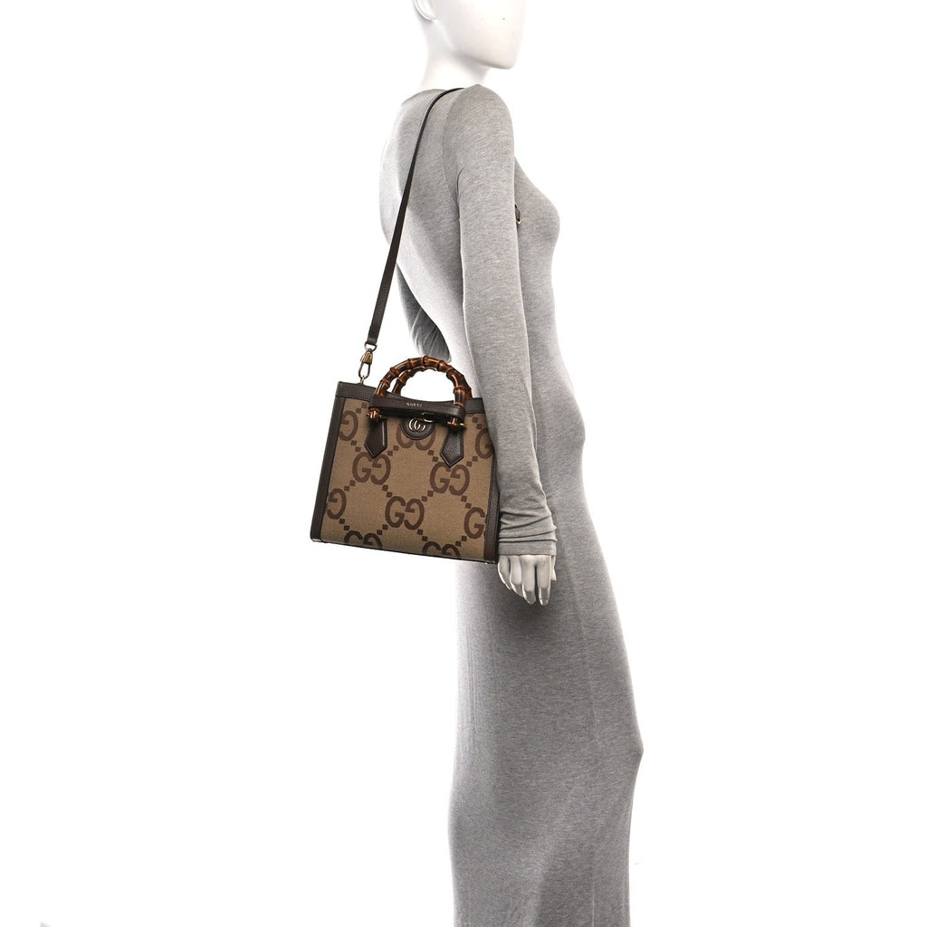 Monogram Jumbo GG Textured Dollar Calfskin Small Diana Tote Bag Camel Ebony New Acero
