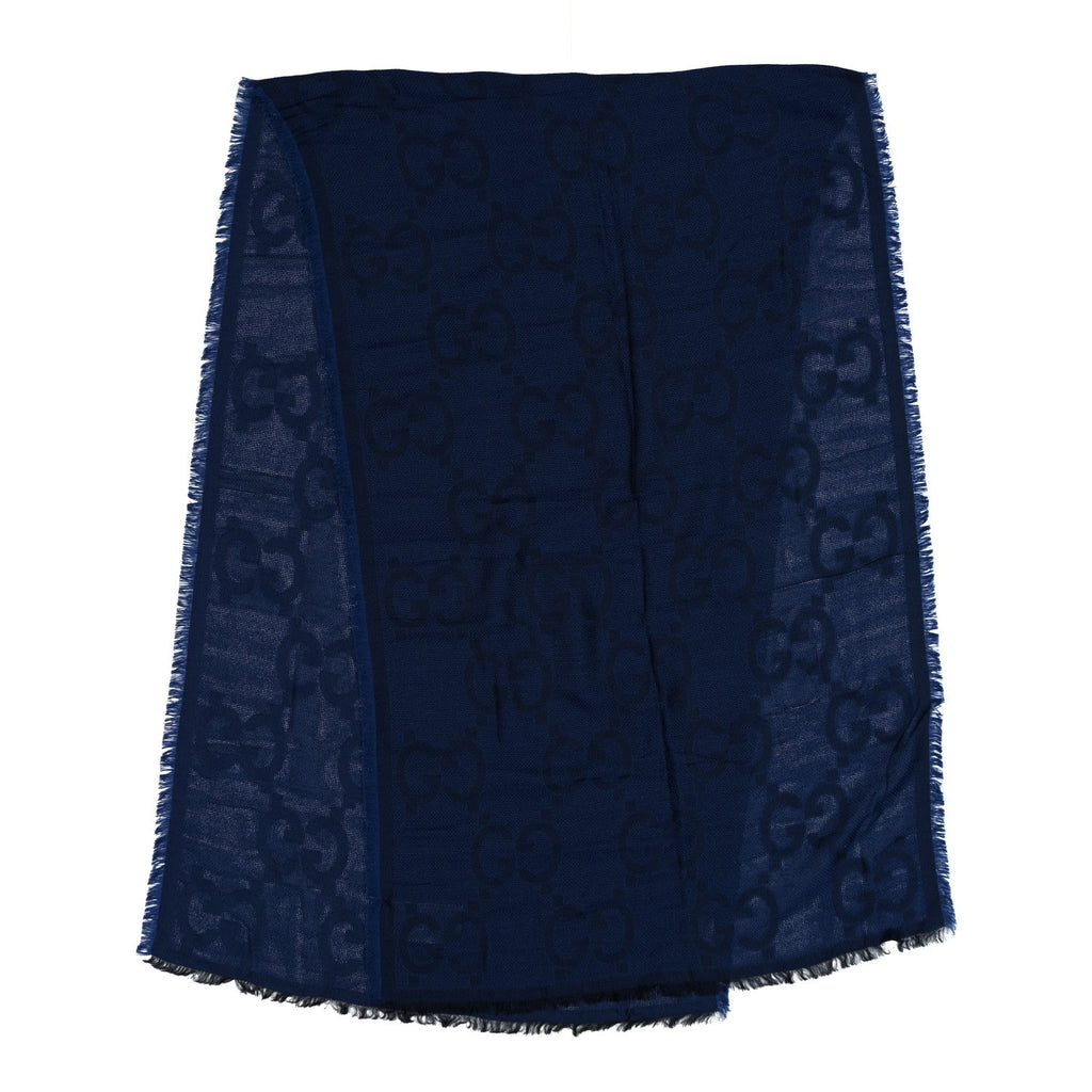 Wool Silk Monogram Jumbo GG Fringe Scarf Navy Blue