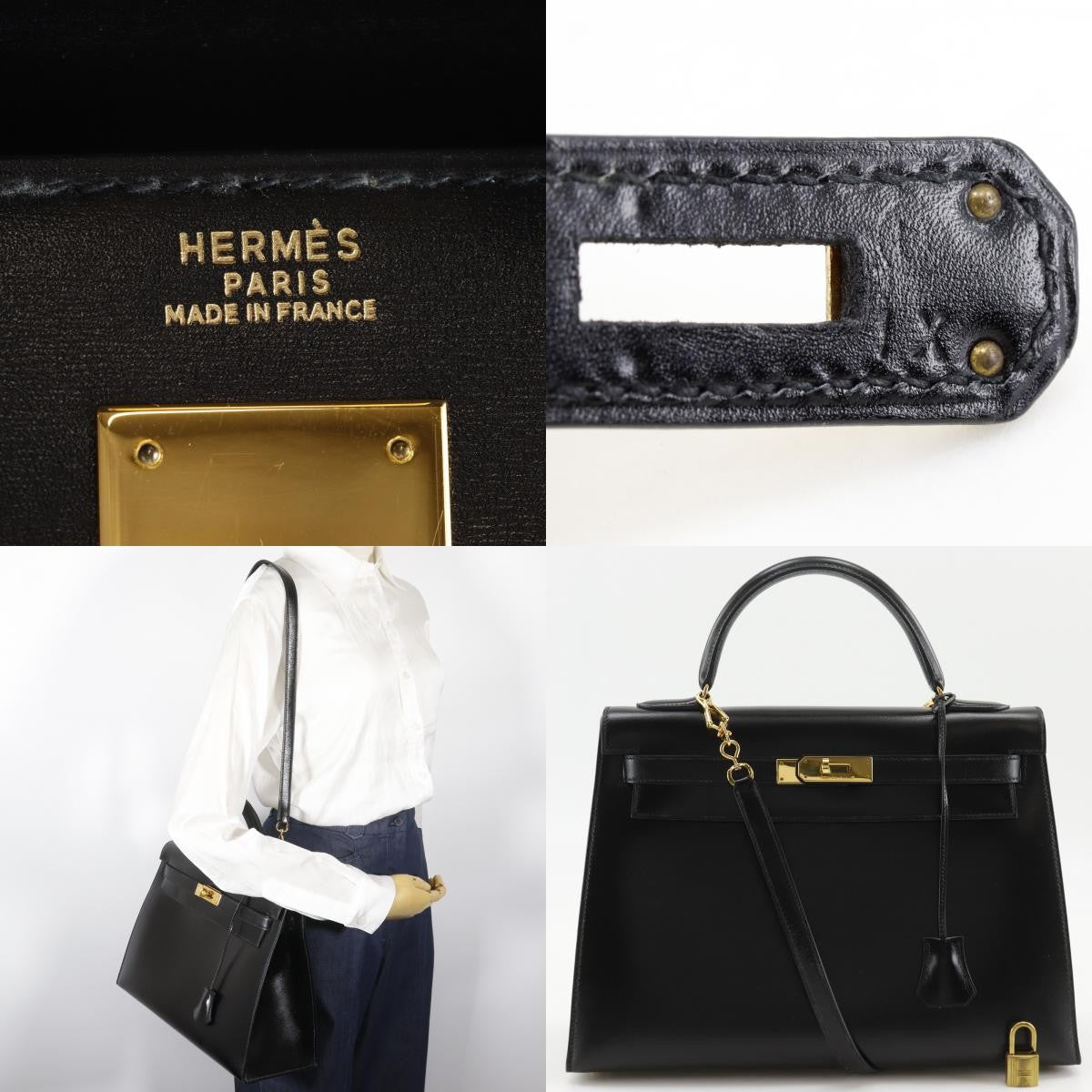 Kelly Handbag Black Box Calf with Gold Hardware 32
